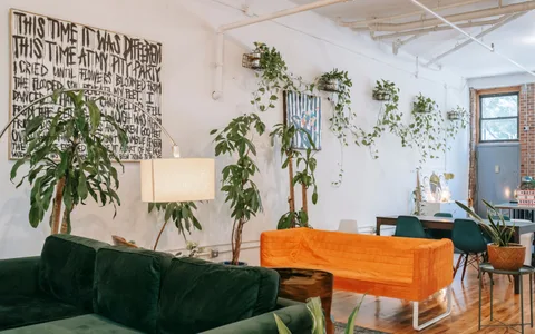 Sala com sofá verde, poltrona e plantas; imagem de contexto para comparar características de ambientes